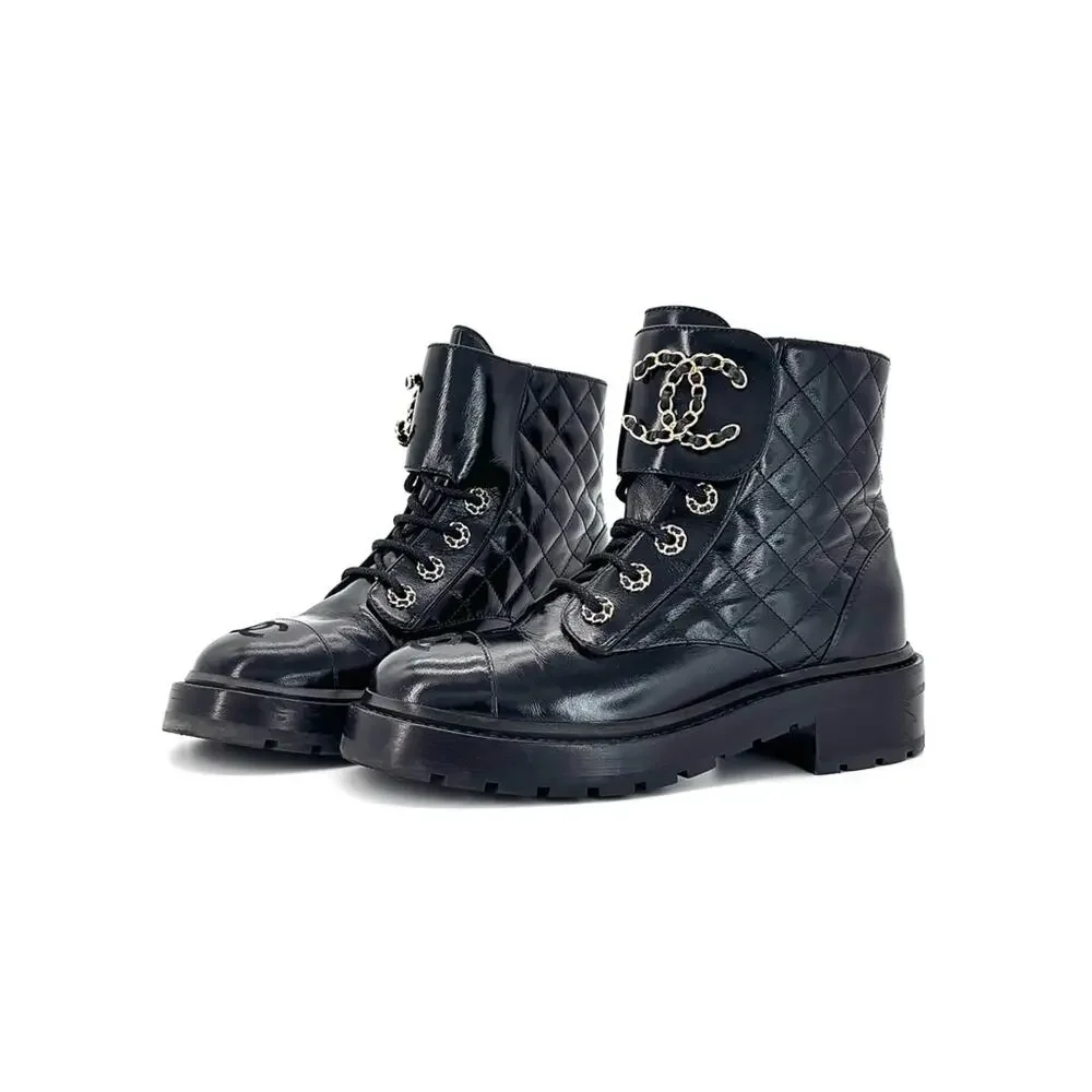 Chanel Brave Shiny Calfskin Quilted CC Chain Cap Toe Platform Short Boots 37